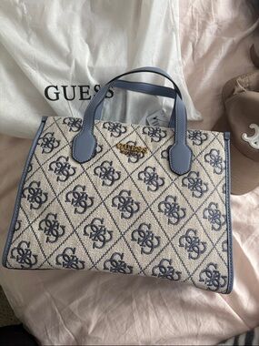 GUESS Blue Logo Jacquard Tote with Gold Accent
